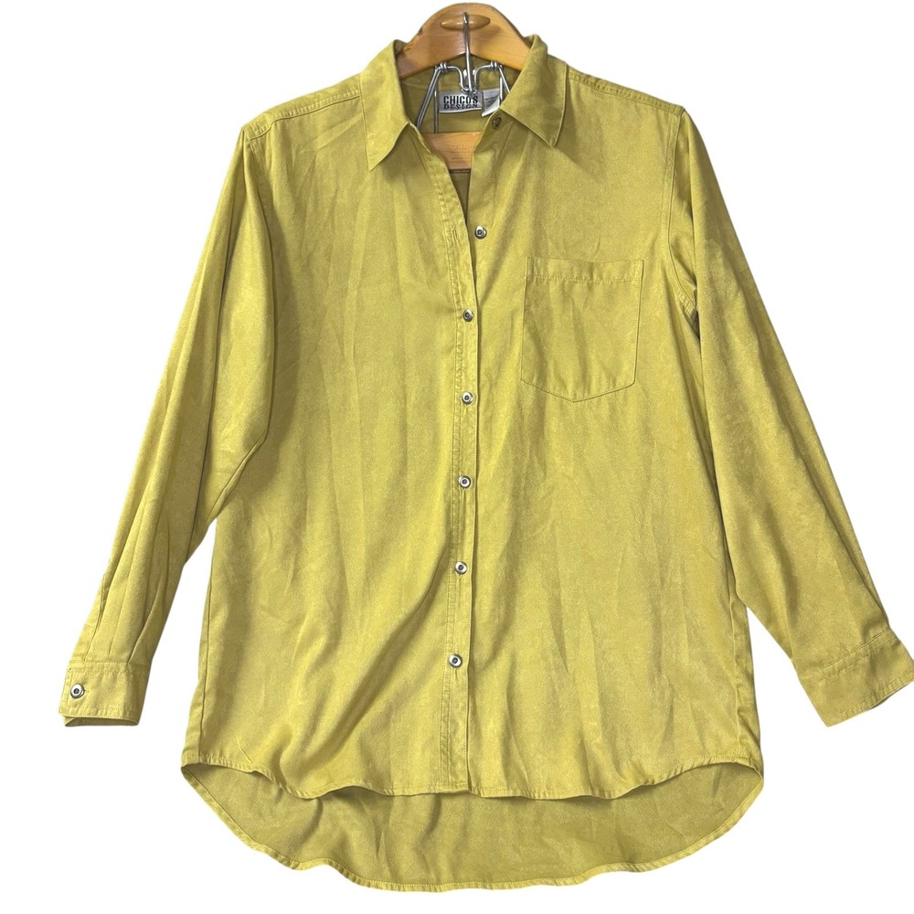 Chico's Design Size 1 Medium Microsuede Shirt Blouse‎ Green Classic